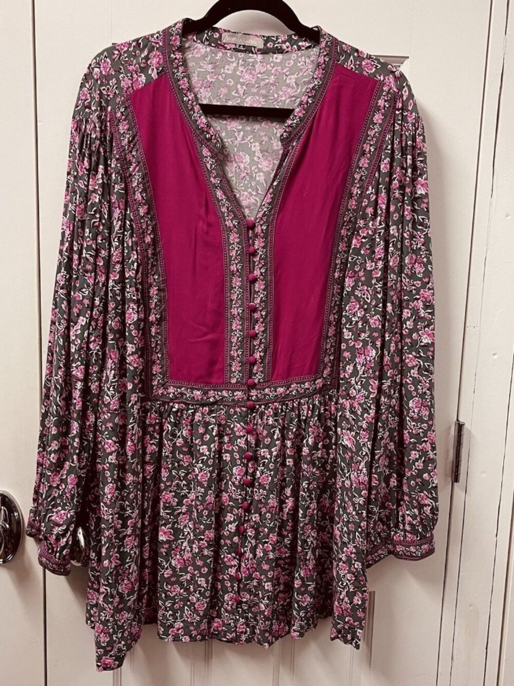 Woman Within Blouse 2X Pink Green Floral Long Sleeve Button Front Country Boho
